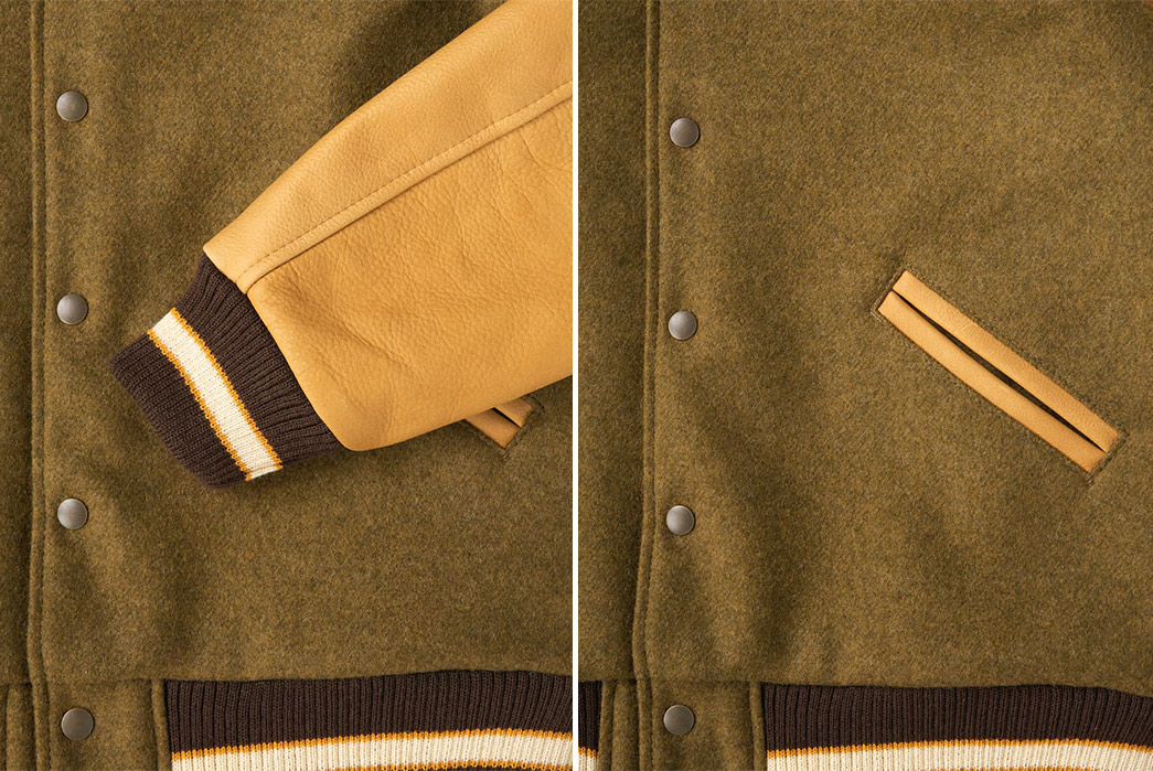 Suit-Up-For-Fall-In-Dehen-1920's-Daringly-Drab-Olive-Melton-&-Rust-Varsity-front-sleeve-and-pocket