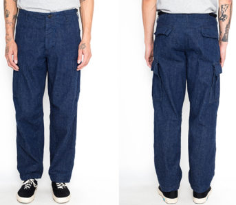 Blue-In-Green-Stocked-Up-On-orSlow's-Vintage-Fit-Denim-Cargo-Pants-model-front-back