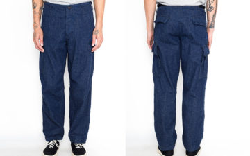Blue-In-Green-Stocked-Up-On-orSlow's-Vintage-Fit-Denim-Cargo-Pants-model-front-back