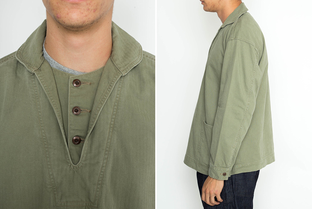 Fullcount-Renders-USN-Pullover-Jacket-In-Vat-Dyed-Herringbone-Twill-model-front-detailed-and-model-side