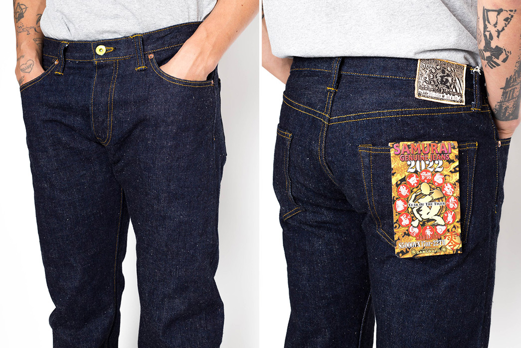 Samurai-Celebrates-Year-Of-The-Tiger-With-Limited-Edition-S5000VX17OZ-Raw-Denim-Jeans-model-front-back-top