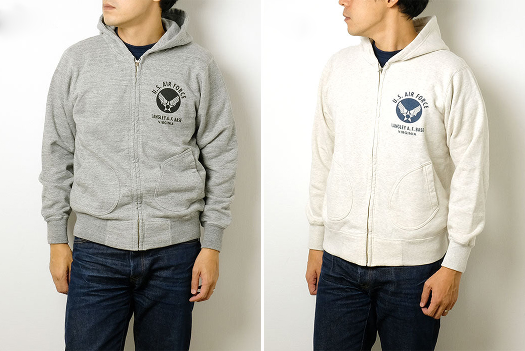 Buzz-Rickson's-Make-Loopwheeled-Full-Zip-Hoodies,-Too-model-fronts-grey-and-white