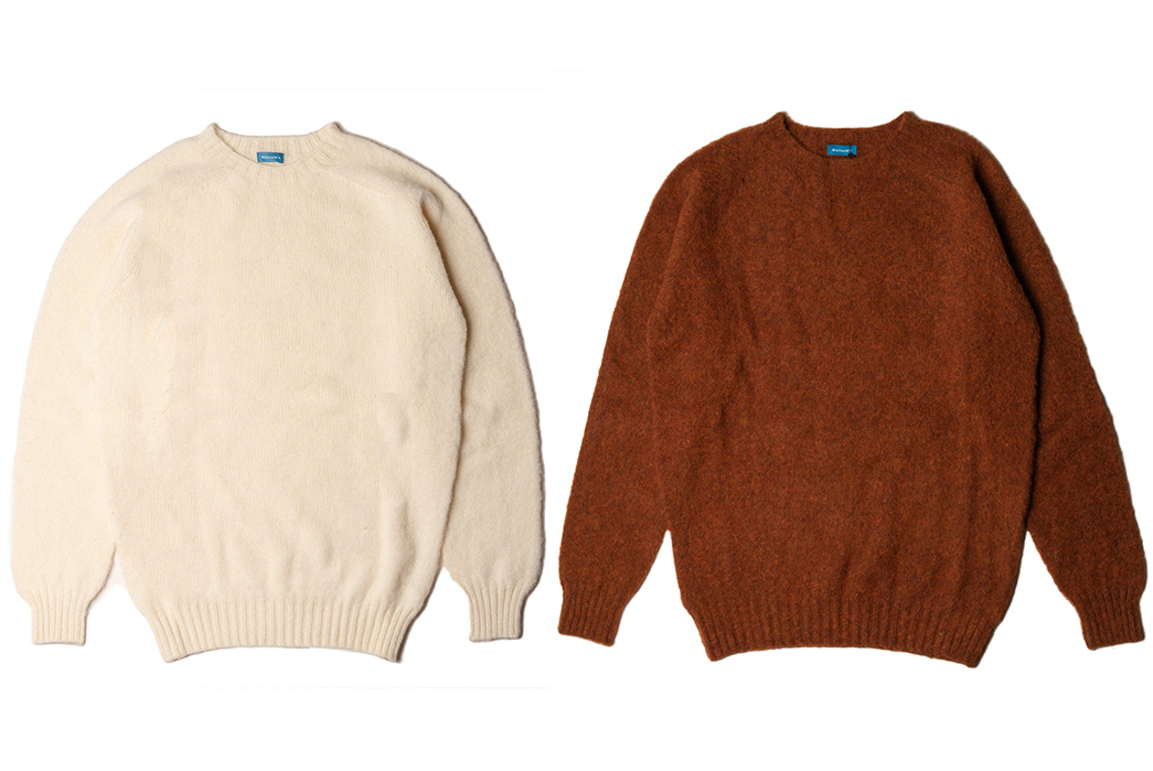 Clutch-Cafe-Collabs-With-Malloch's-Knitwear-To-Create-Quartet-Of-Brushed-Shetland-Sweaters-fronts-beige-and-dark-red