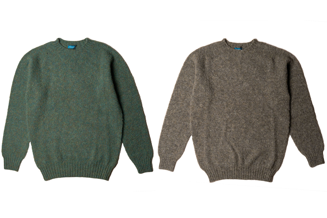 Clutch-Cafe-Collabs-With-Malloch's-Knitwear-To-Create-Quartet-Of-Brushed-Shetland-Sweaters-fronts-green-and-light-brown