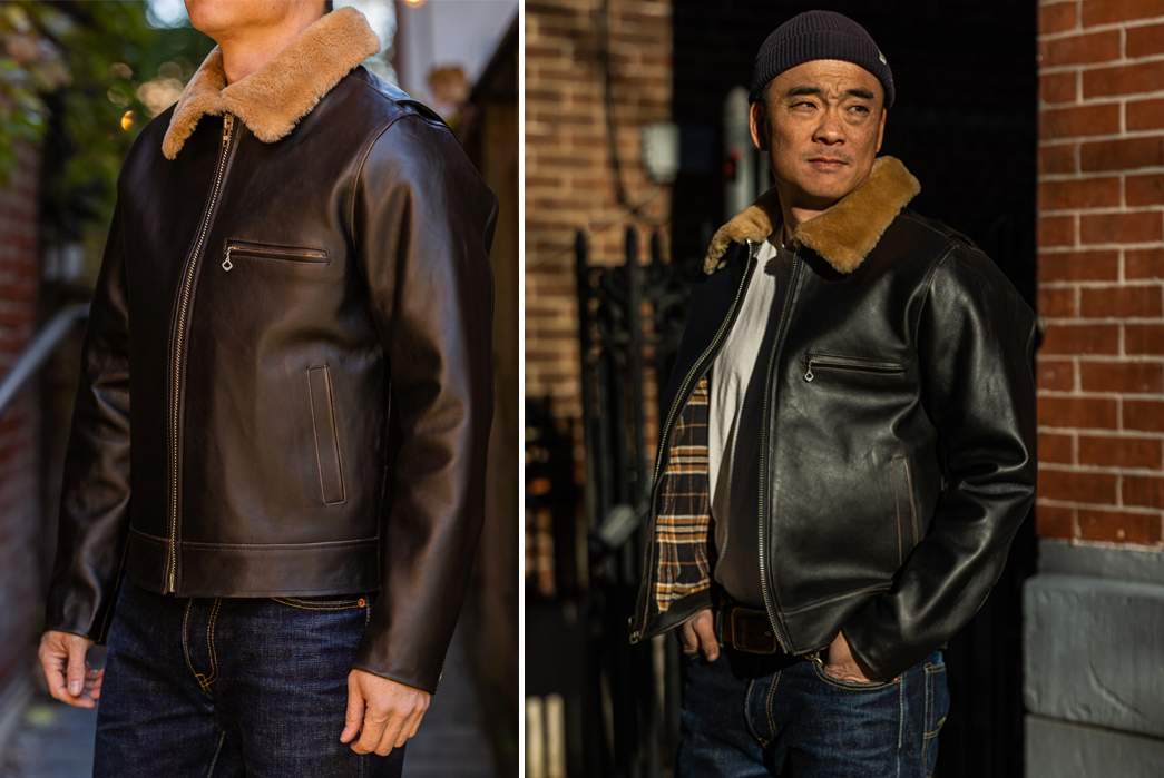 Franklin-&-Poe-Stocked-Up-On-Freenote-Cloth's-Signature-FJ-1-Leather-Jacket-model-front-sides