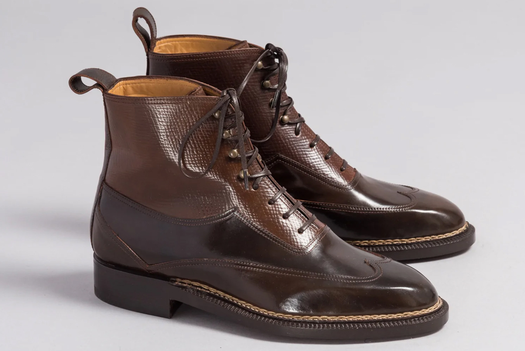 Multicolored-Leather-Boots---Five-Plus-One-3)-Enzo-Bonafe-Hunter-Boot-in-Dark-BrownMahogany-Hatch-Grain-Cordovan