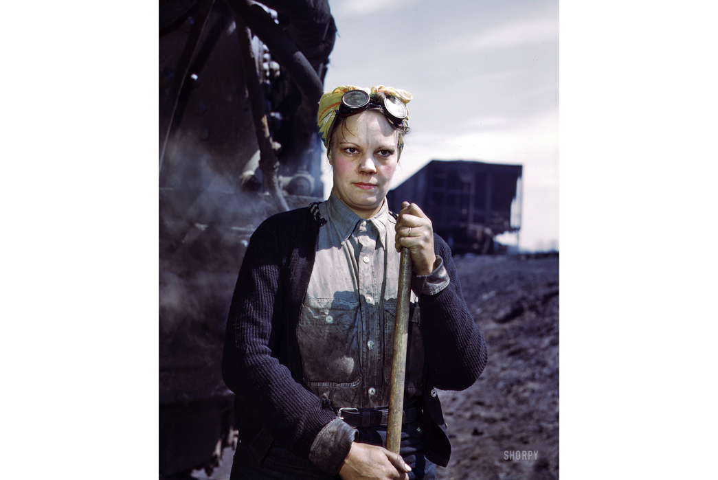 Beyond-The-Tracks---How-Railroading-Impacted-American-Workwear-Pt.-2-A-female-engine-wiper-named-Irene-Bracke,-mother-of-two,-pictured-during-World-War-II.-Image-via-Jack-Delano-Shorpy-com.