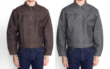 Kapital-Applies-Kakishibu-&-Sumi-Dyes-To-Its-Iconic-Century-Denim-1st-Jackets-model-front-brown-and-grey