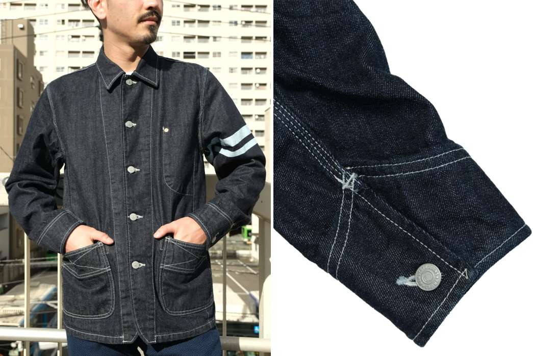 Momotaro-Applied-Its-13.5-oz.-GTB-Denim-to-Unique-Coverall-Silhouette-model-front-and-sleeve