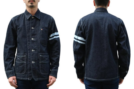 Momotaro-Applied-Its-13.5-oz.-GTB-Denim-to-Unique-Coverall-Silhouette-model-front-back