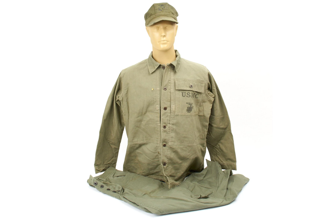 Pacific-War-USCM-Uniforms---Monkey-Pants,-Frogskin,-&-HBT-Galore-Image-via-Lot-Art