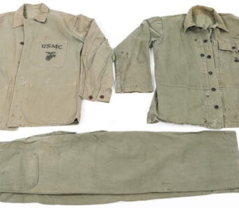 Pacific-War-USCM-Uniforms---Monkey-Pants,-Frogskin,-&-HBT-Galore-P41-Utility-Jacket-and-Pants-(left-and-bottom)-and-P44-jacket-via-Lot-Art