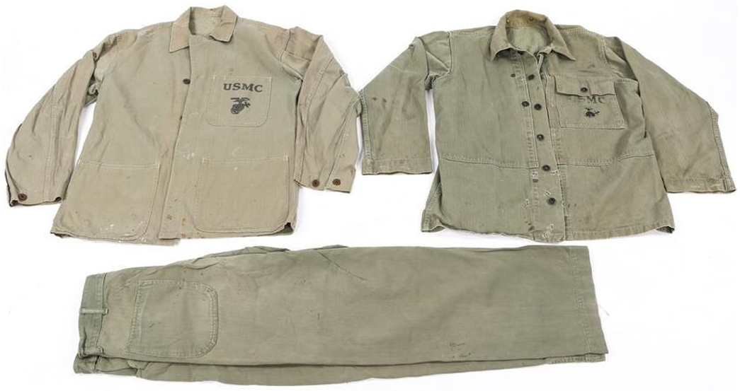 Pacific-War-USCM-Uniforms---Monkey-Pants,-Frogskin,-&-HBT-Galore-P41-Utility-Jacket-and-Pants-(left-and-bottom)-and-P44-jacket-via-Lot-Art
