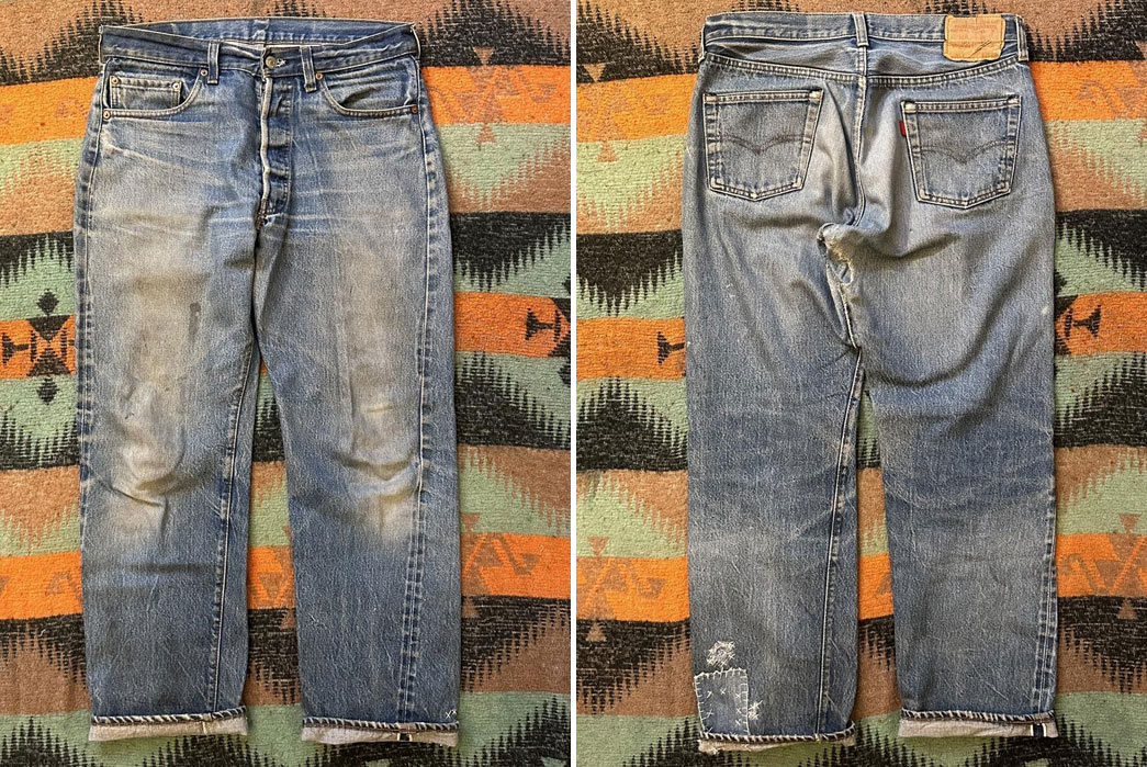 The-Definitive-Guide-To-Buying-&-Selling-Second-Hand-Denim-Good-A-well-photographed-Iron-Heart-jacket-for-sale-on-Grailed-A-pair-of-vintage-selvedge-Levi's-via-Depop.