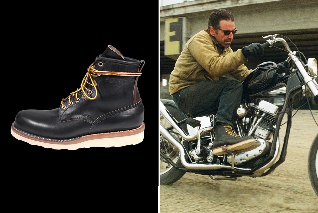 The-Gentleman-Biker-Workwear-That-May-Revitalize-a-Subculture-White's-Boots-one-boot-and-model-on-motorcycle