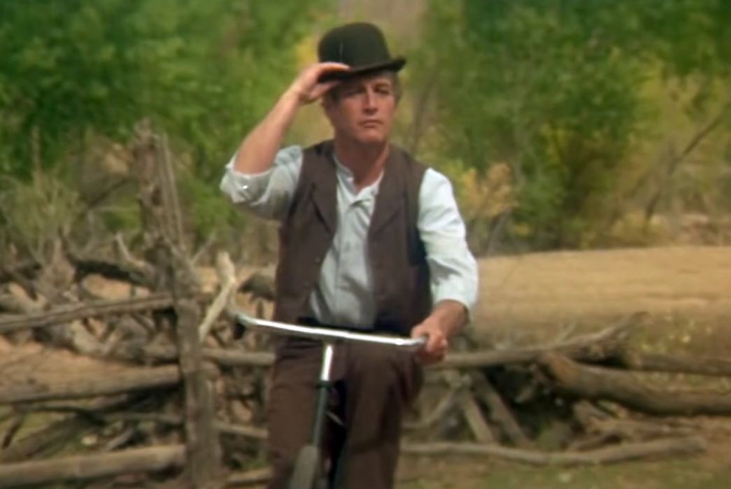 Working-Titles---Butch-Cassidy-&-The-Sundance-Kid-Butch-riding-his-new-bike-in-his-bowler-cap.-Image-via-20th-Century-Fox.