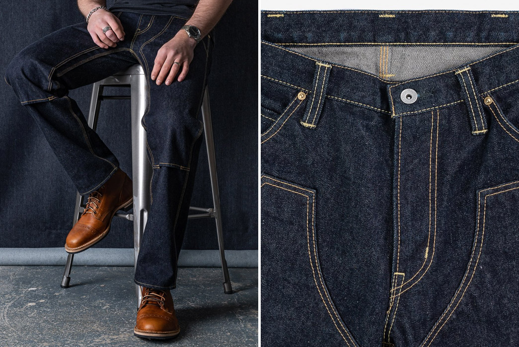 Iron-Heart-Issues-Its-Double-Knee-Work-Pant-In-Lighter-Weight-14-oz.-Raw-Selvedge-Denim-model-on-chair-nad-front-top