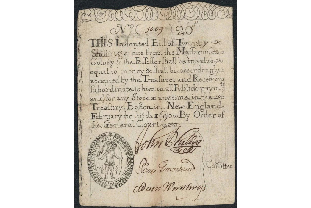 The-Heddels-Wallet-&-Cardholder-Guide-2023-A-20-Shilling-paper-note-issued-by-the-Massachusetts-Bay-Colony-in-1690,-via-Reddit.