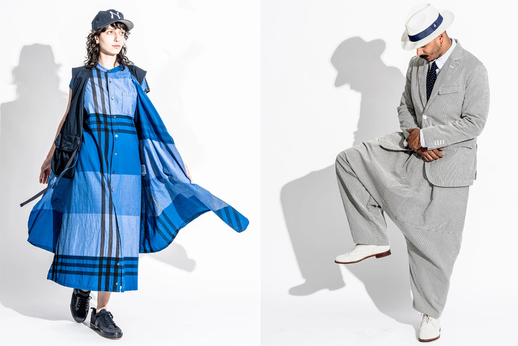 Engineered-Garments-SS23-Lookbook-is-Full-of-Patterned-Style-Inspiration-female-in-blue-and-male-in-grey