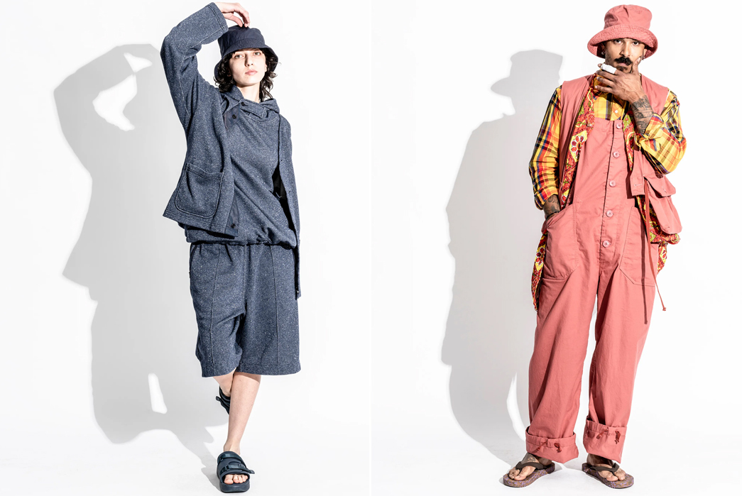 Engineered-Garments-SS23-Lookbook-is-Full-of-Patterned-Style-Inspiration-female-in-blue-and-male-in-light-red