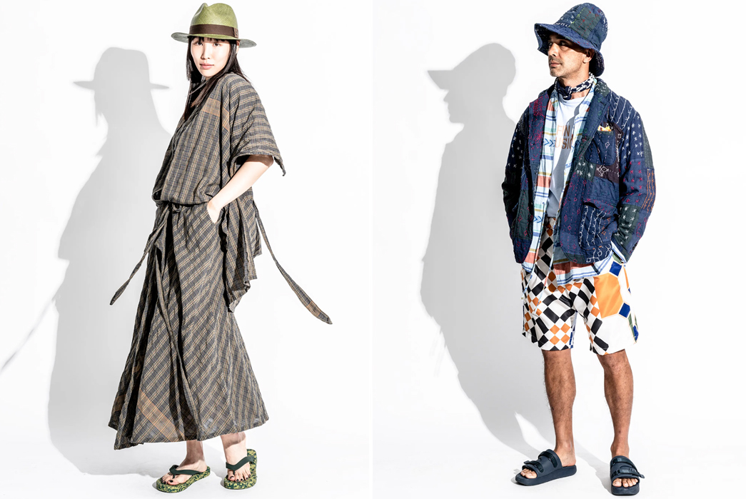 Engineered-Garments-SS23-Lookbook-is-Full-of-Patterned-Style-Inspiration-female-in-grey-green-and-male-in-blue