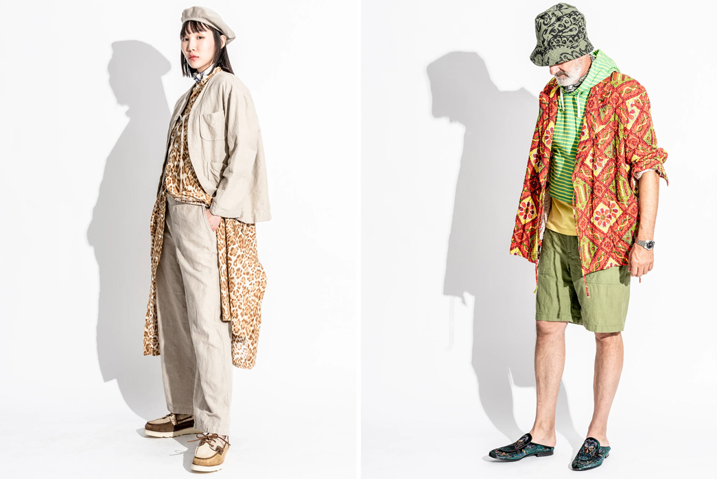 Engineered-Garments-SS23-Lookbook-is-Full-of-Patterned-Style-Inspiration-female-in-light-and-male-in-green-hat