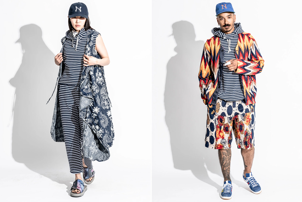 Engineered-Garments-SS23-Lookbook-is-Full-of-Patterned-Style-Inspiration-female-model-blue-and-male-model-multicolor