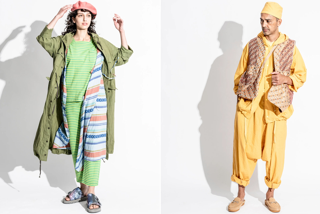 Engineered-Garments-SS23-Lookbook-is-Full-of-Patterned-Style-Inspiration-female-model-green-and-male-model-yellow
