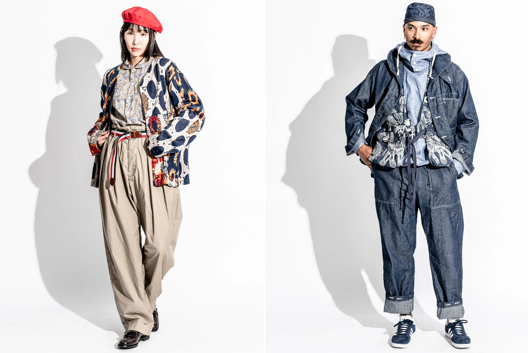 Engineered-Garments-SS23-Lookbook-is-Full-of-Patterned-Style-Inspiration-female-with-hat-and-male-in-blue