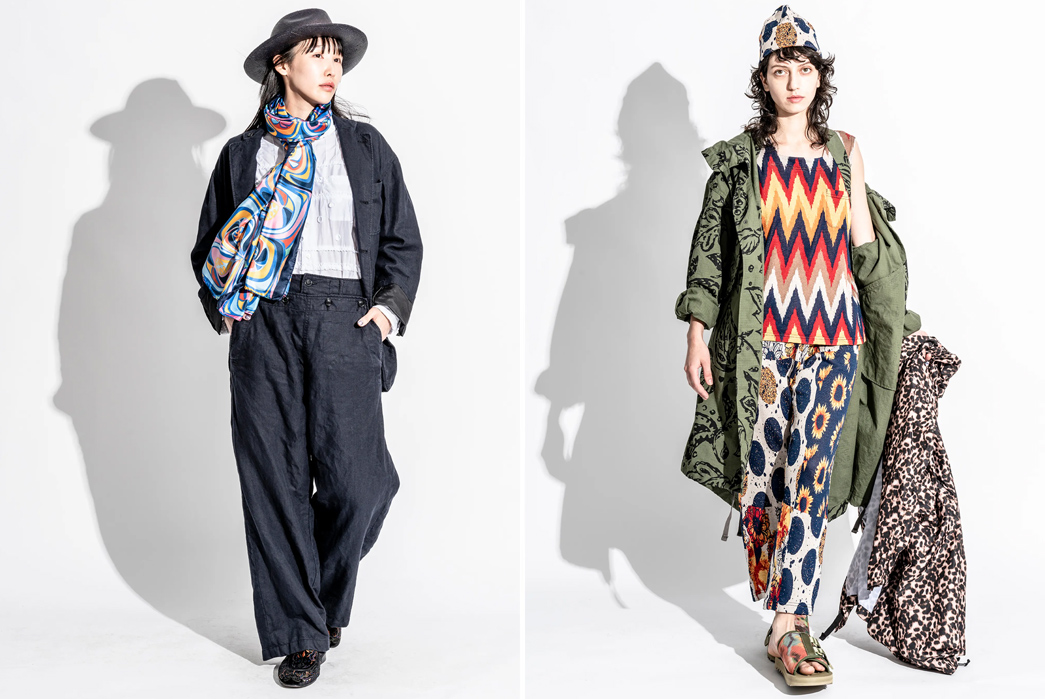 Engineered-Garments-SS23-Lookbook-is-Full-of-Patterned-Style-Inspiration-females-in-blue-and-multicolor