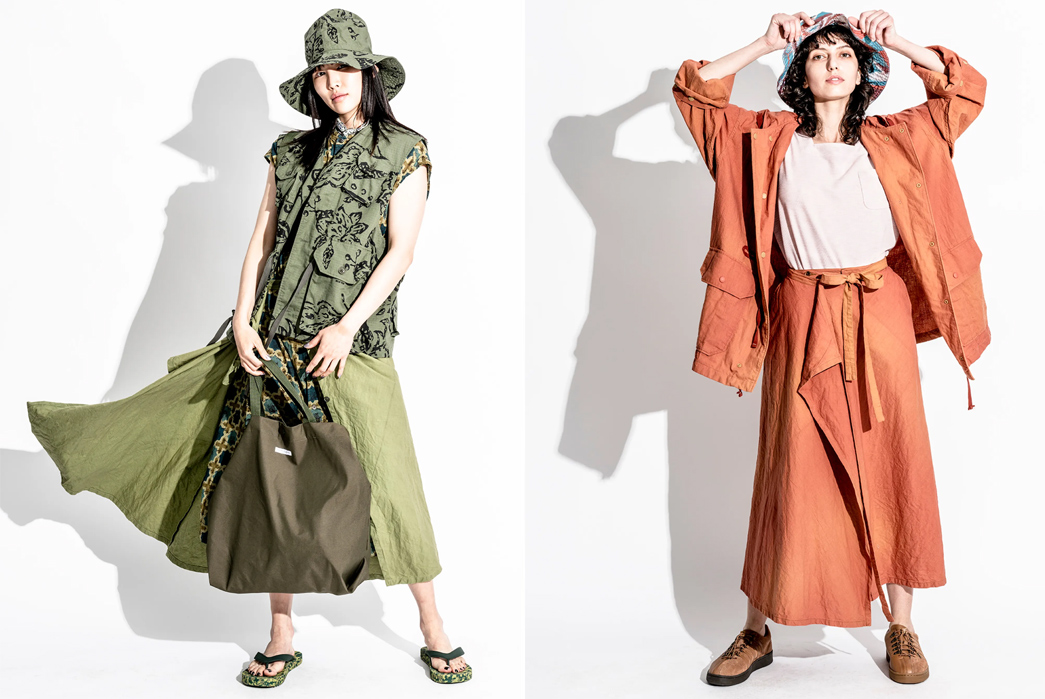 Engineered-Garments-SS23-Lookbook-is-Full-of-Patterned-Style-Inspiration-females-in-green-and-in-orange