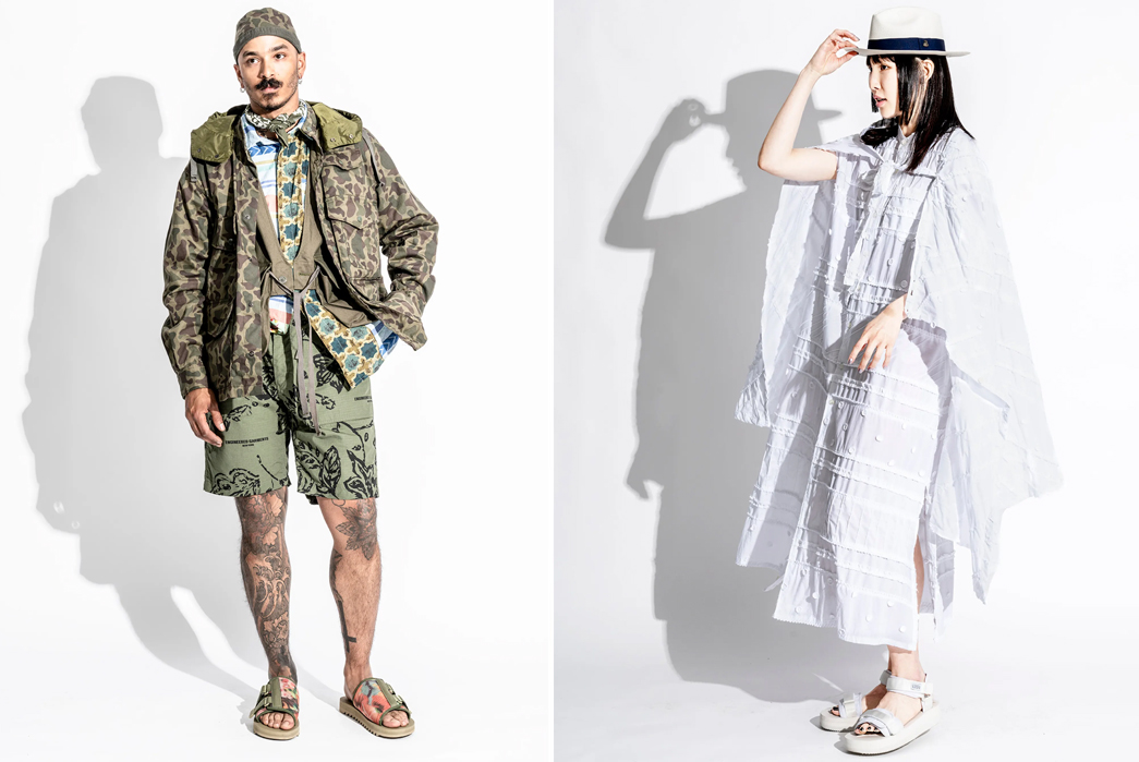 Engineered-Garments-SS23-Lookbook-is-Full-of-Patterned-Style-Inspiration-male-in-camo-and-female-in-white