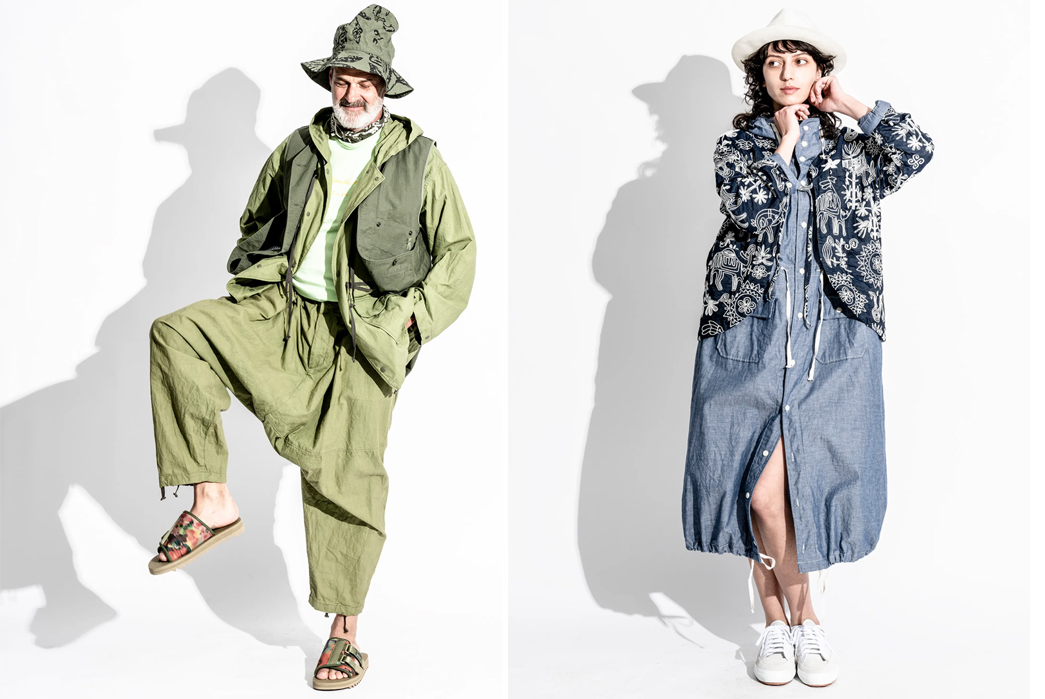 Engineered-Garments-SS23-Lookbook-is-Full-of-Patterned-Style-Inspiration-male-in-green-and-female-in-blue
