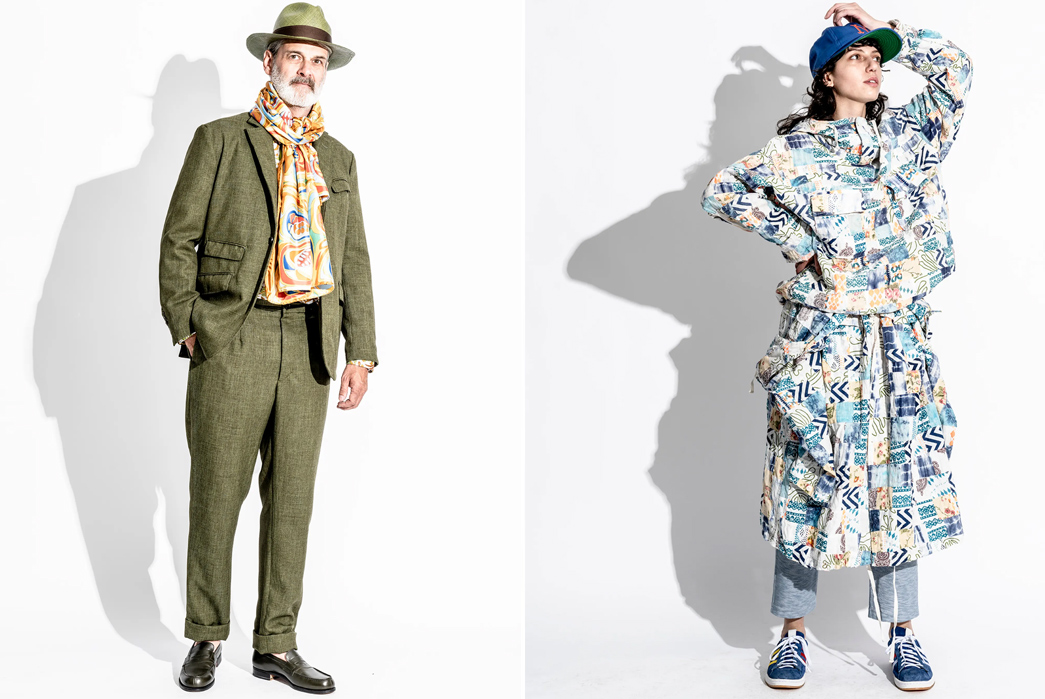 Engineered-Garments-SS23-Lookbook-is-Full-of-Patterned-Style-Inspiration-male-in-green-and-female-in-light-colors