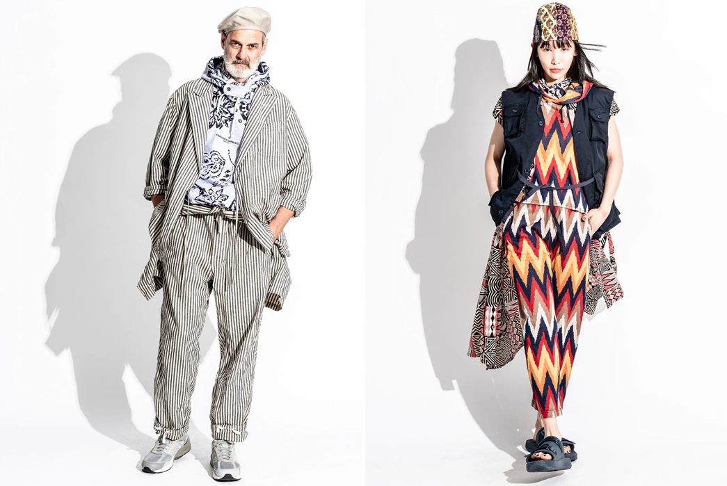 Engineered-Garments-SS23-Lookbook-is-Full-of-Patterned-Style-Inspiration-male-in-grey-and-female-in-multicolor