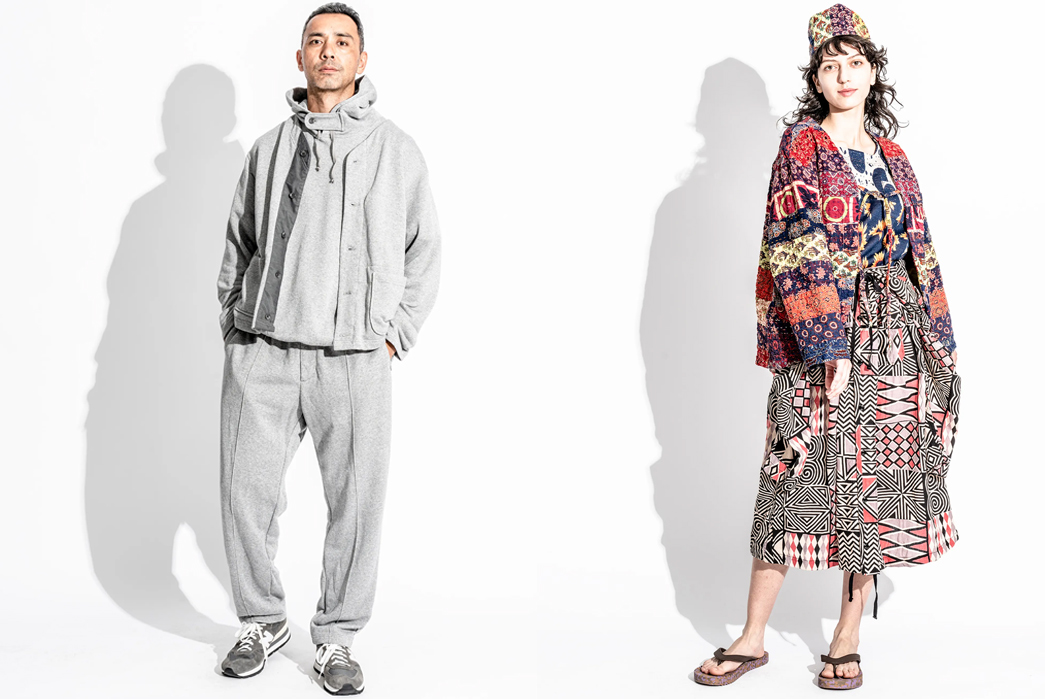 Engineered-Garments-SS23-Lookbook-is-Full-of-Patterned-Style-Inspiration-male-in-grey-and-female-multicolor