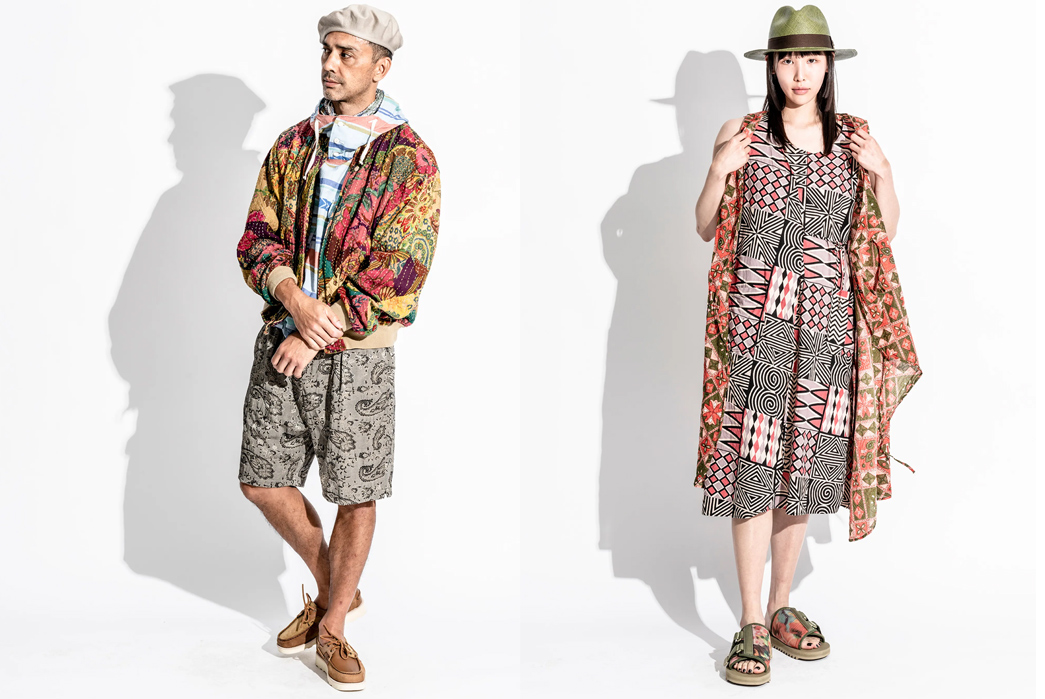 Engineered-Garments-SS23-Lookbook-is-Full-of-Patterned-Style-Inspiration-male-in-multicolor-jacket-and-female-in-light-red