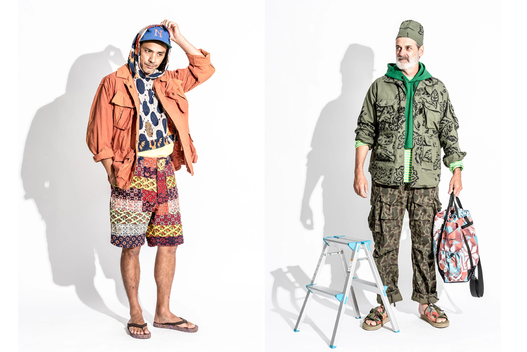Engineered-Garments-SS23-Lookbook-is-Full-of-Patterned-Style-Inspiration-male-models-orange-and-green