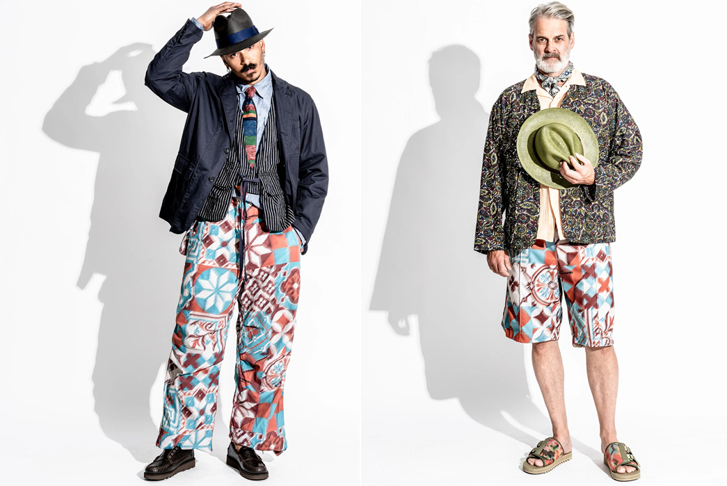 Engineered-Garments-SS23-Lookbook-is-Full-of-Patterned-Style-Inspiration-males-in-dark-hat-and-in-multicolor-2