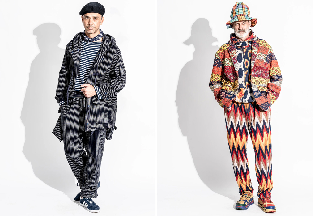 Engineered-Garments-SS23-Lookbook-is-Full-of-Patterned-Style-Inspiration-males-in-dark-hat-and-in-multicolor