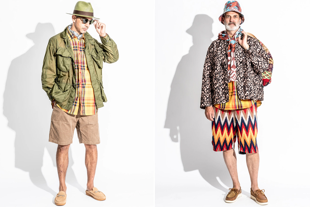 Engineered-Garments-SS23-Lookbook-is-Full-of-Patterned-Style-Inspiration-males-in-green-and-in-multicolor