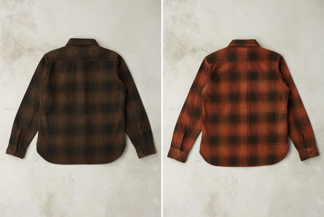 Studio-D'Artisan-Amami-Dorozome-Mud-Dyed-Heavy-Flannel-Check-Work-Shirts-brown-and-red-backs