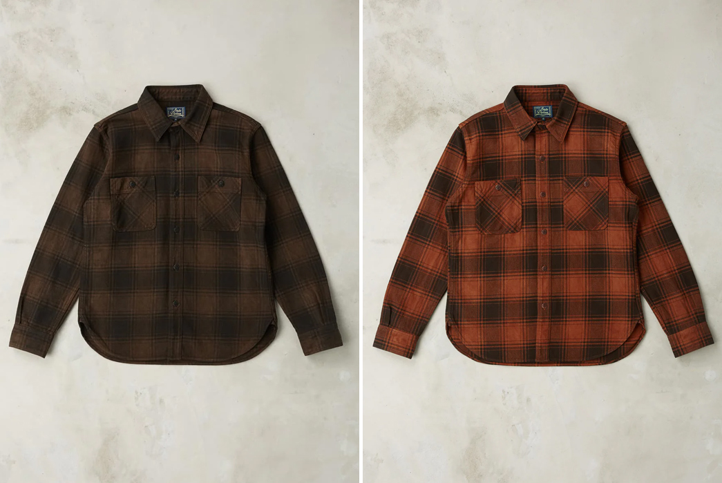 Studio-D'Artisan-Amami-Dorozome-Mud-Dyed-Heavy-Flannel-Check-Work-Shirts-brown-and-red-fronts