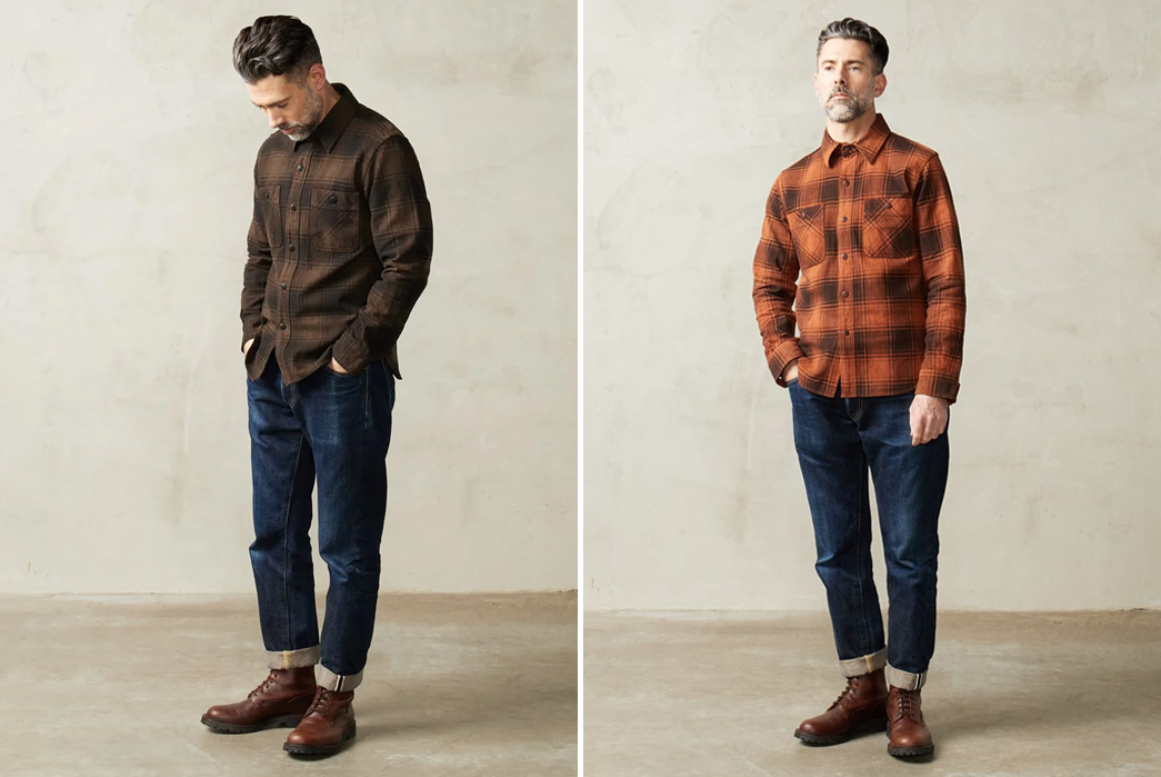 Studio-D'Artisan-Amami-Dorozome-Mud-Dyed-Heavy-Flannel-Check-Work-Shirts-brown-and-red-model-front-sides
