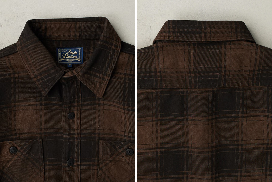 Studio-D'Artisan-Amami-Dorozome-Mud-Dyed-Heavy-Flannel-Check-Work-Shirts-brown-front-and-back-tops