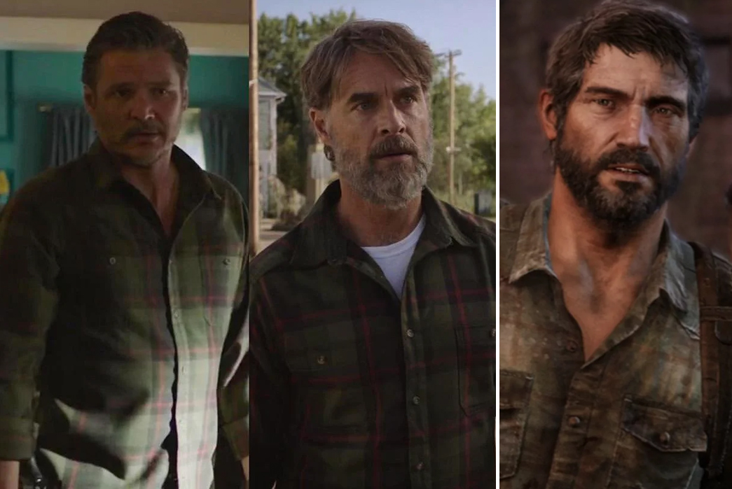 Working-Title---The-Last-of-Us-Joel-in-his-plaid-flannel-shirt-(left)-and-the-original-video-game-shirt-(Right).-Images-via-Reddit-and-Naughty-Dog.