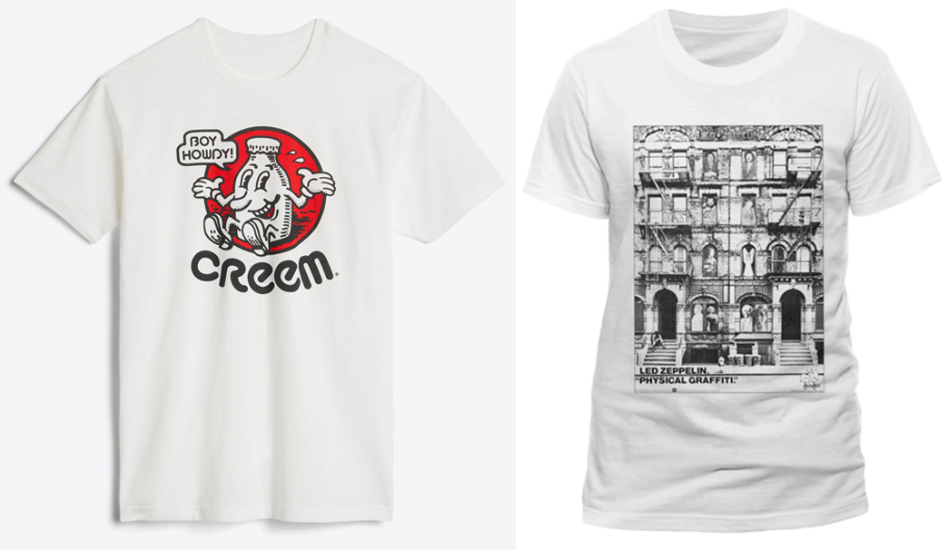 Working-Titles---Almost-Famous-Creem-'Boy-Howdy'-tee-(left)-$30-from-Creem,-and-Led-Zeppelin-Physical-Graffiti-Slim-Fit-tee-(right),-$21-from-Rockabilia.