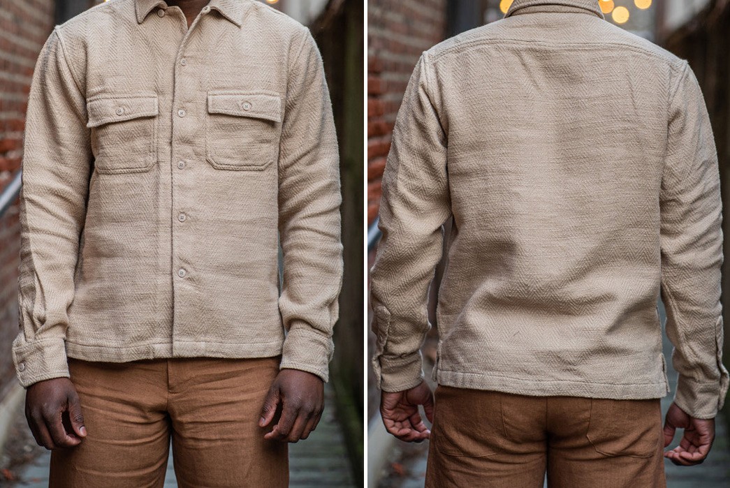3sixteen-Made-its-Camp-Shirt-from-Hand-Loomed-Herringbone-Twill-Model-front-and-back