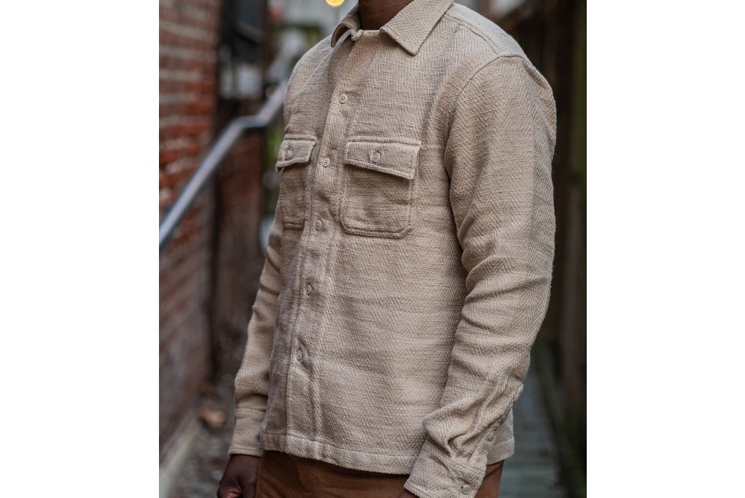 3sixteen-Made-its-Camp-Shirt-from-Hand-Loomed-Herringbone-Twill-Model-front-side