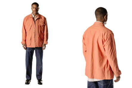 Engineered-Garments-Rendered-its-Jungle-Jacket-in-Rust-Colored-Cotton-Sheeting-Fabric-Model-Front-and-side-back